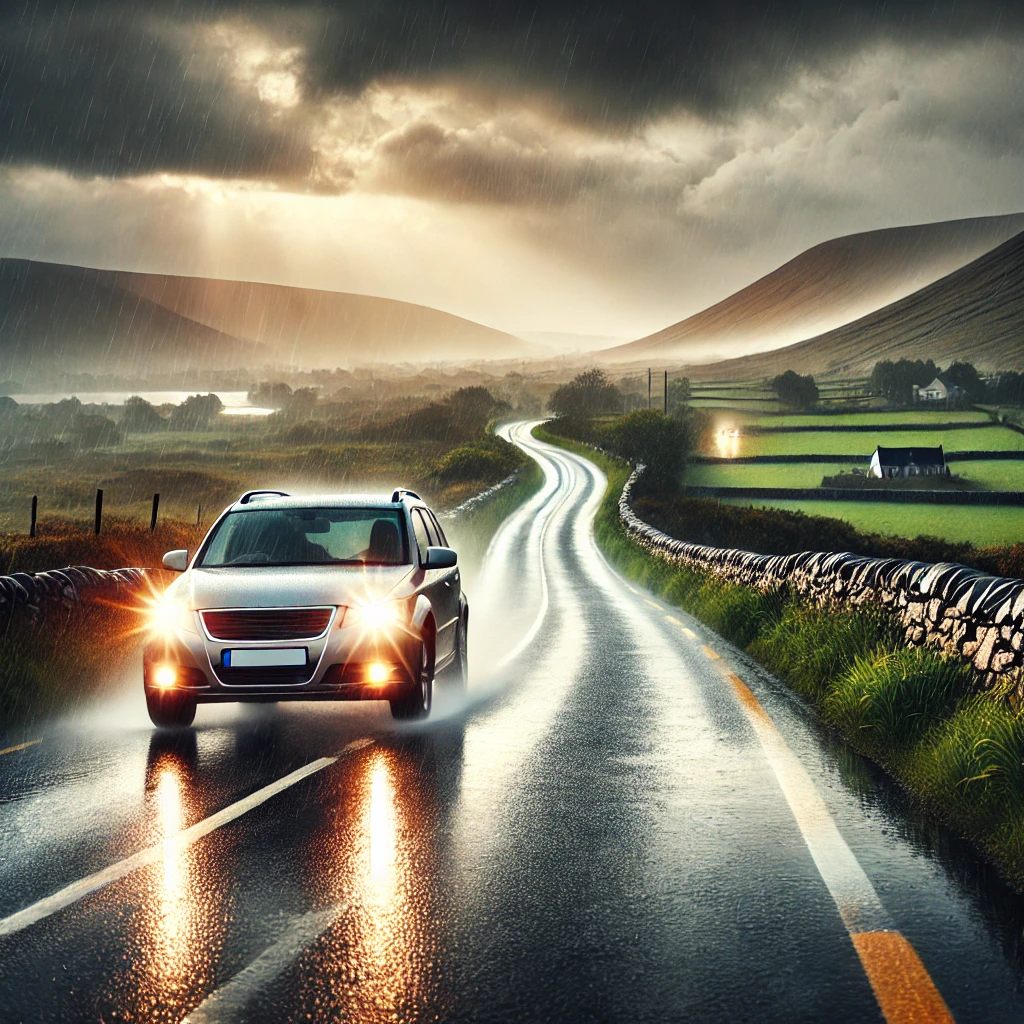 A scenic Irish road with stormy skies and rain, wet road surface reflecting the surroundings. A car with its headlights on is cautiously driving along