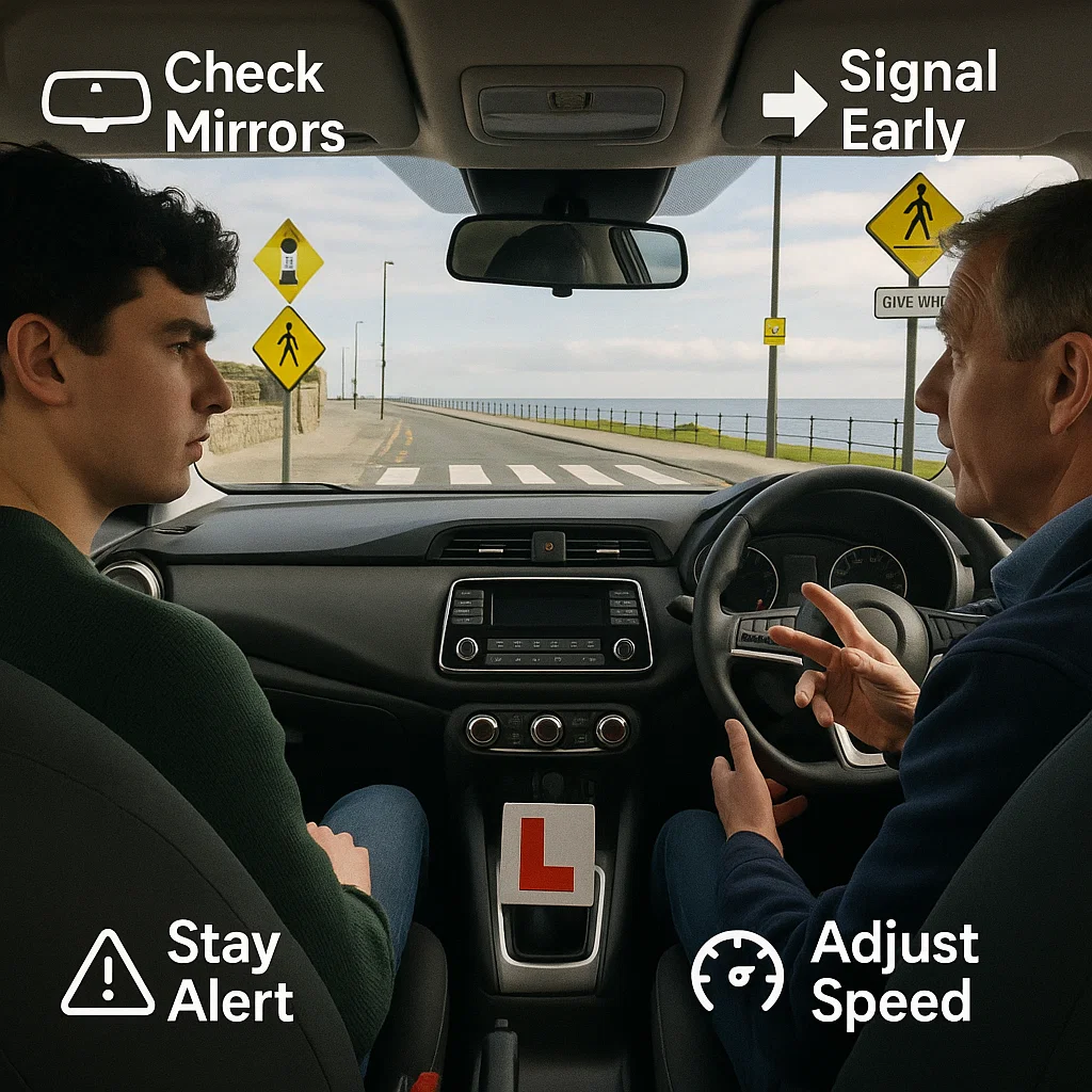 A learner driver attentively listening to a driving instructor