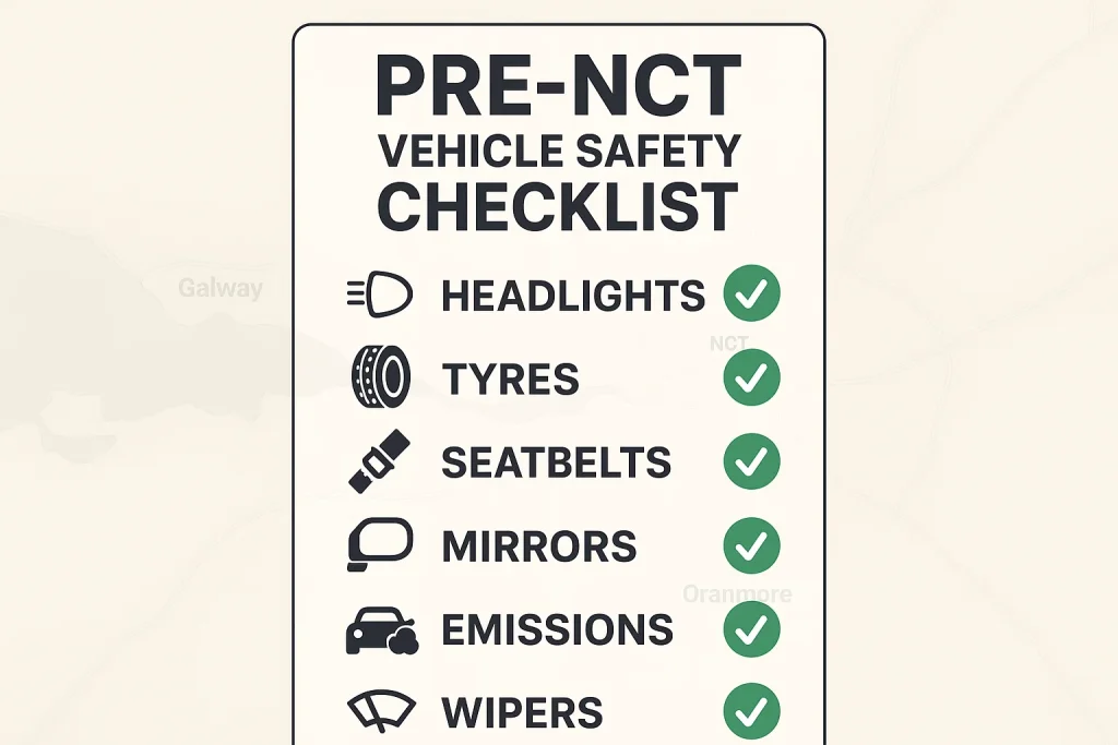 A clean, vertical infographic with icons for headlights, tyres, seatbelts, mirrors, emissions, and wipers.