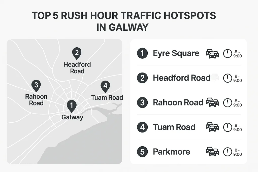 Clean and modern infographic showing top 5 rush hour traffic hotspots in Galway