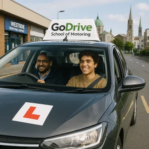 A confident learner driver behind the wheel of a dual-control car