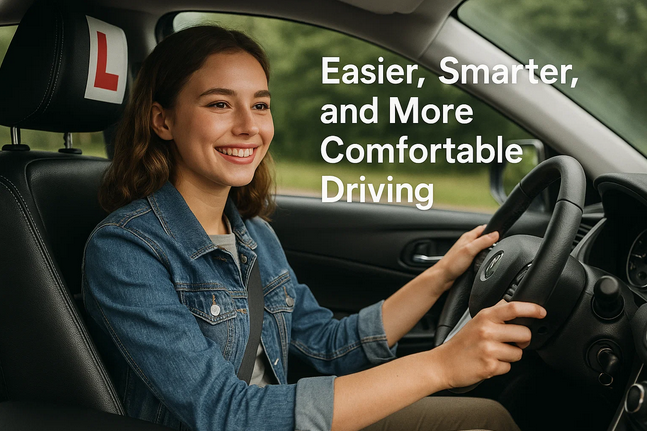 a learner behind the wheel of an automatic car, smiling and looking confident